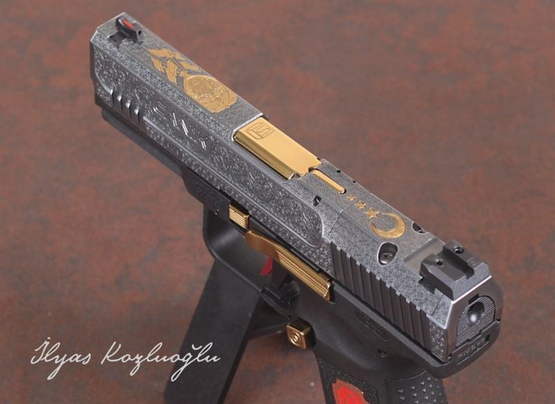 Canik TP9 Titanyum Kaplama - Scroll ve Çiçek Desen Gravür - 3D Ayyıldız - Osmanlı Arması