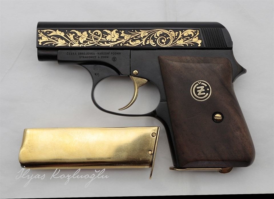 CZ Ceska 6.35 Sarı Titanyum Gravür Desen