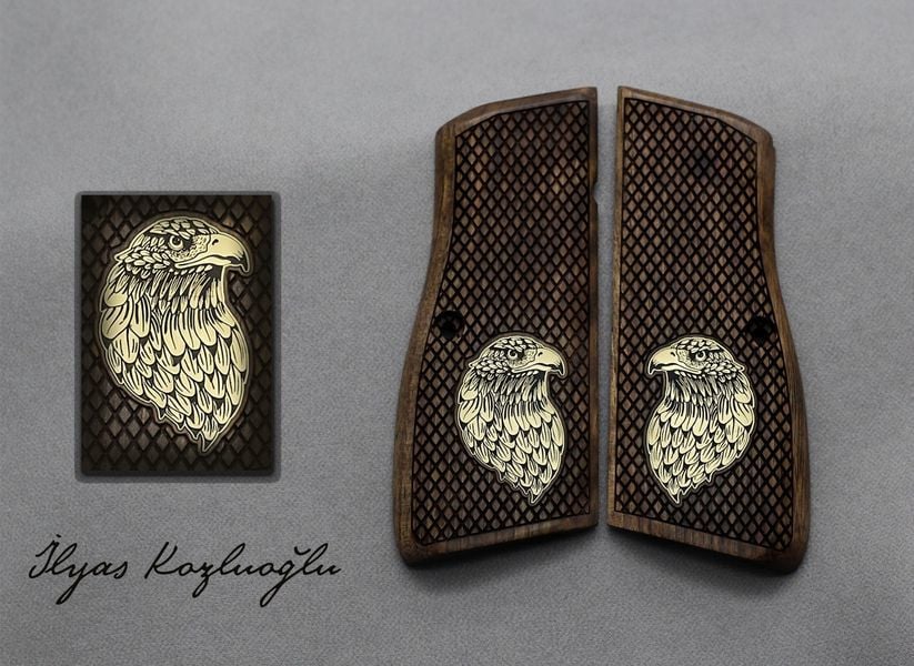 Browning Sarı Pirinç Kartal Kafası Logolu Tam Yüzey Baklava Desenli Ceviz Kabze